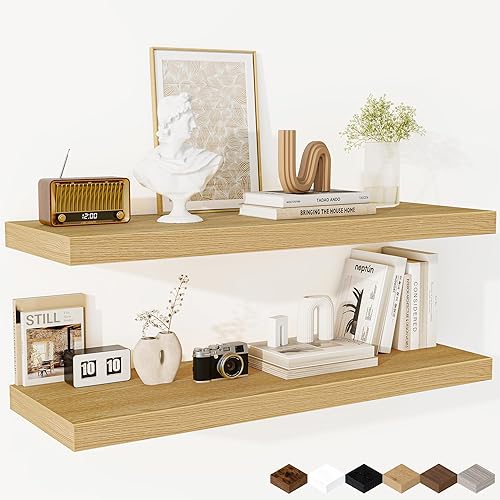 Miniatura 42 de Fun Memories Estantes flotantes de 16 pulgadas – Estantes de pared de madera de color blanco rústico profundo – Estante de almacenamiento para pared