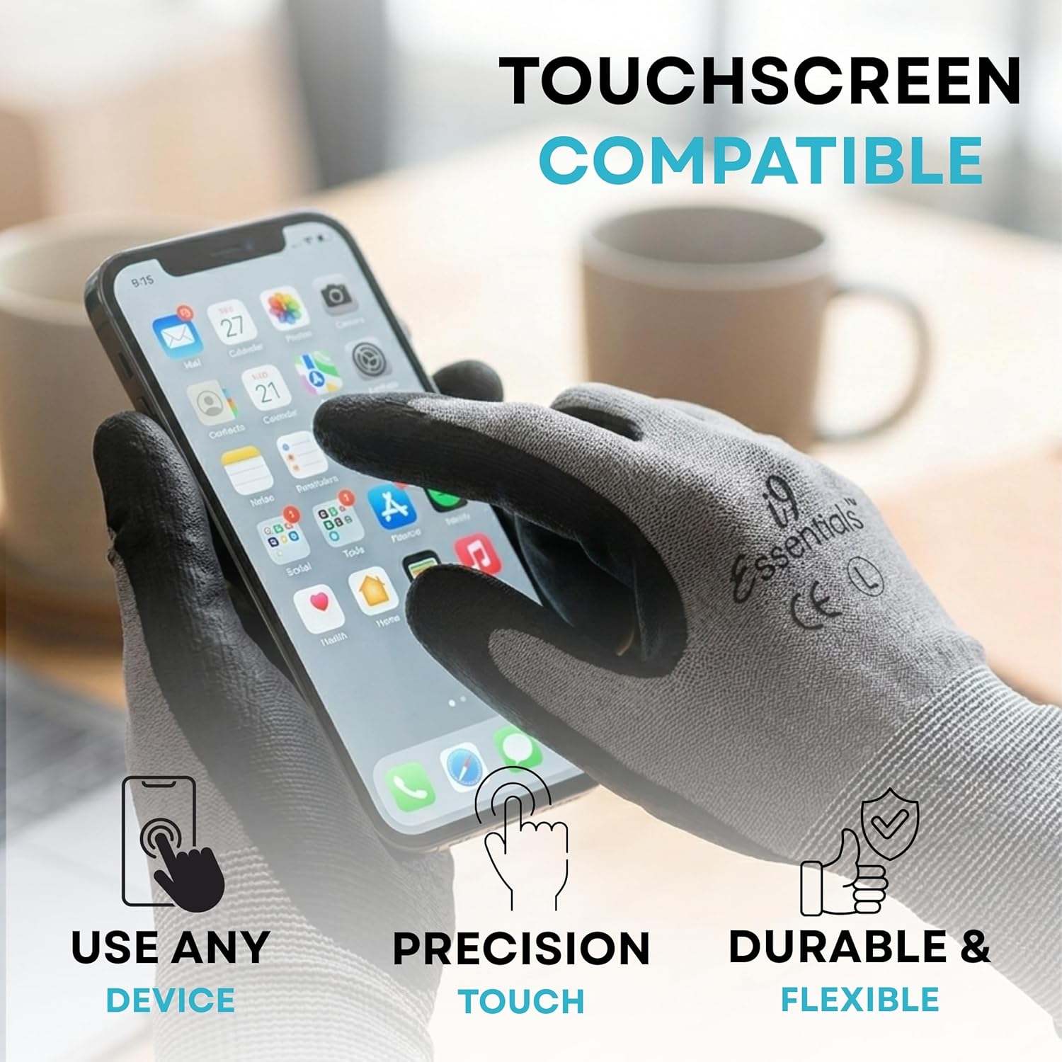 I9 Essentials MicroFoam Nitrile Coated Work Gloves, 12 Pairs Lightweight Touchscreen Safety Grip Gloves for Men & Women, Carpentry, Gardening, Construction & General Work (Large)