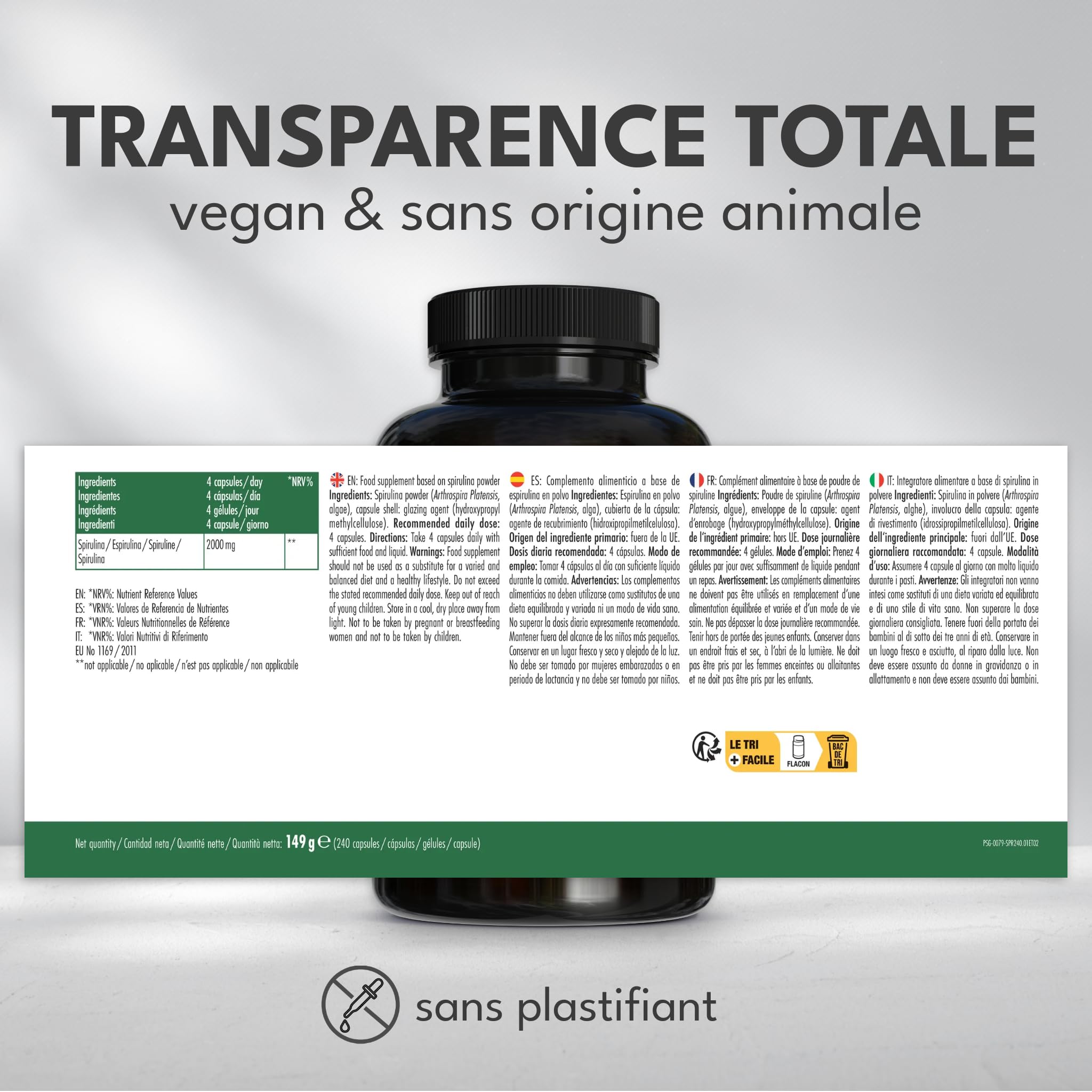 Green Naturals Spiruline 2 000 mg par jour – 240 gélules | Arthrospira platensis · Poudre pure · Vegan · Cure de 2 mois · Testé en laboratoire