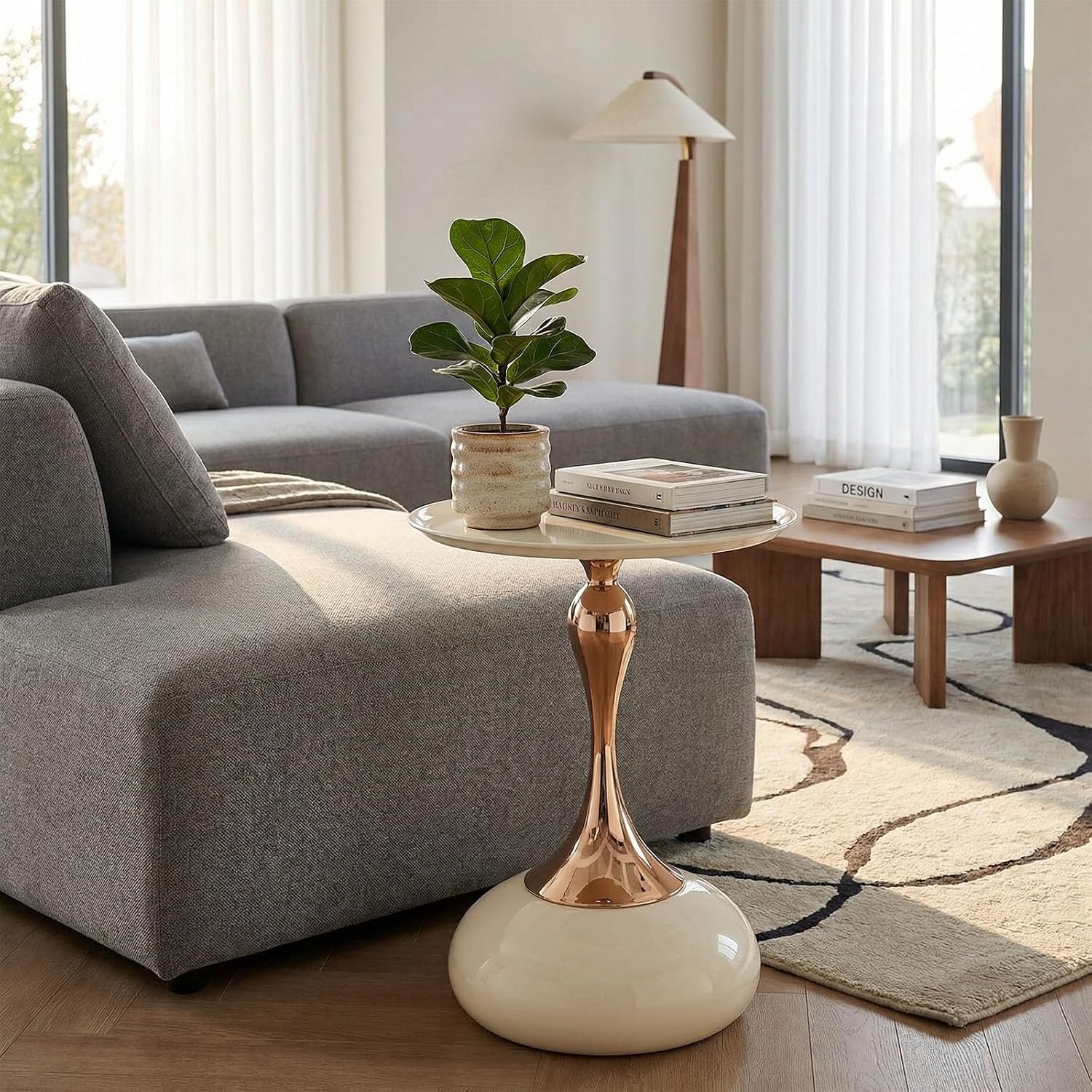 Elegant Modern Side Table Unique Hourglass Design Ideal for Living Rooms, Cafes, Dining Rooms, Bedrooms, and Outdoors Corner Round End Table (1 Set, White)
