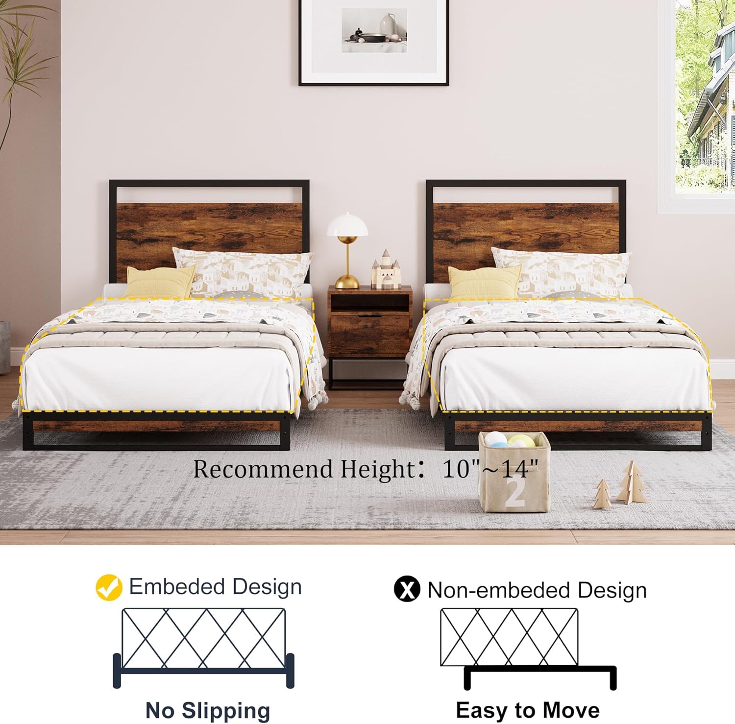 IDEALHOUSE 6 in Twin Bed Frame with Wooden Headboard & Footboard - Heavy Duty Wooden Slats -No Box Spring Needed - Sturdy Platform Bed Frame，Easy Assembly,Rustic Brown