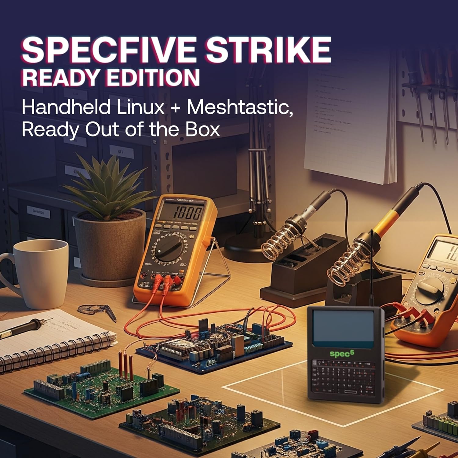 SpecFive Strike Ready Edition Handheld Linux Computer (Pi CM4), Custom-Built Motherboard, LoRa Mesh, Preloaded Pi OS + Meshtastic, Touchscreen, Keyboard, Wi-Fi, Bluetooth