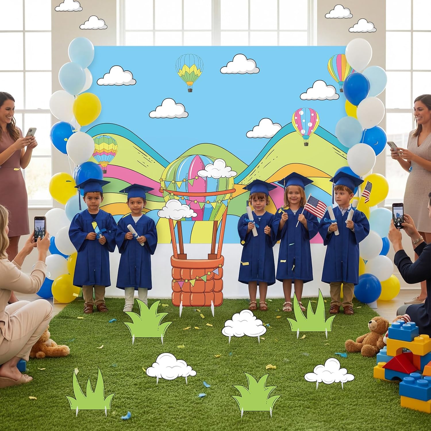 Thyle Oh The Places You'll Go Graduation Decorations Kit 5 x 7 ft Backdrop and Hot Air Balloon Photo Props Large Colorful Photography Background Party Decorations for Birthday Baby Shower Supplies