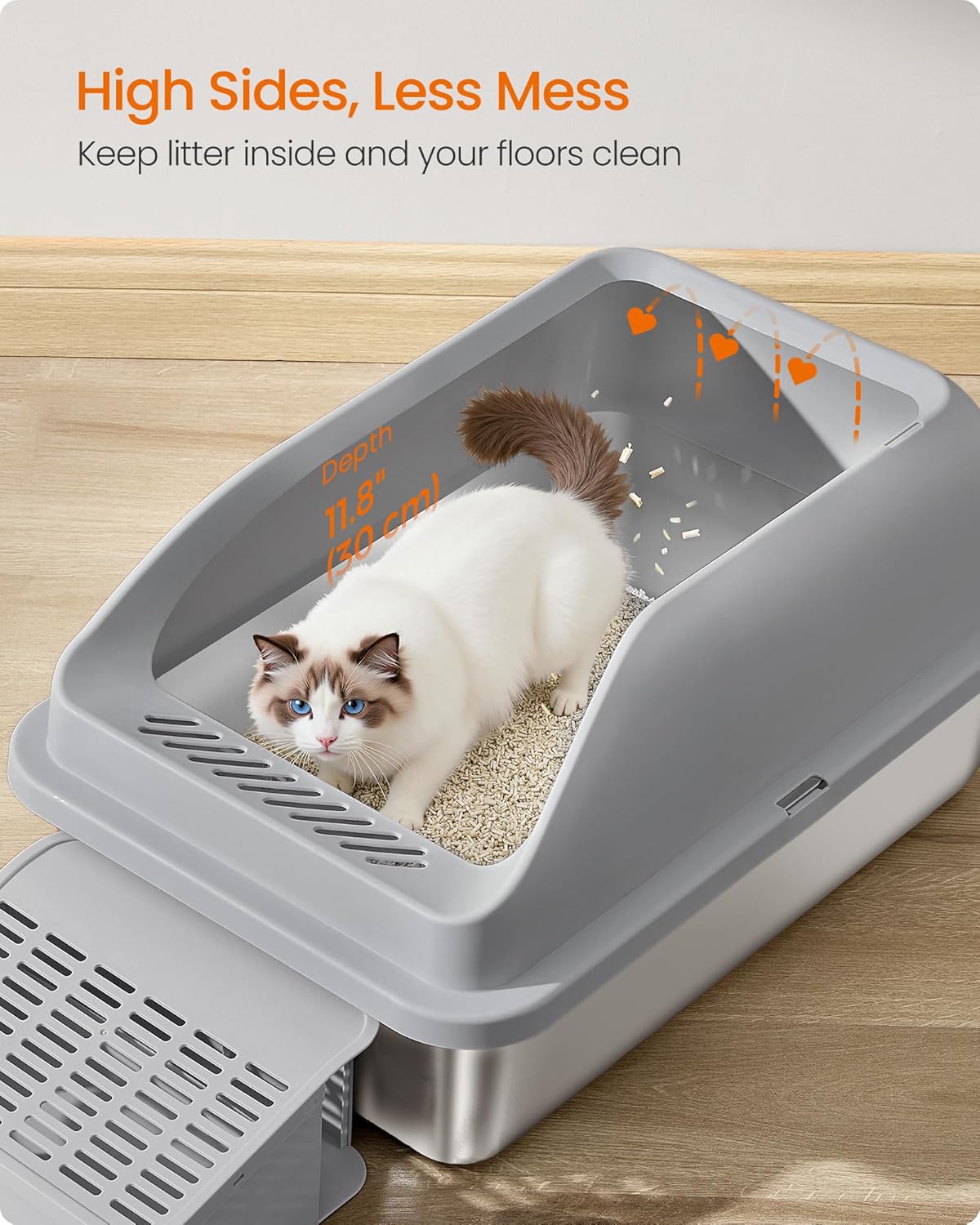 Feandrea Stainless Steel Cat Litter Box with Open Top, High Sided Litter Tray with Step, Scoop, Brush, for Cats up to 33 lb, Slate Gray UPPT008GN01