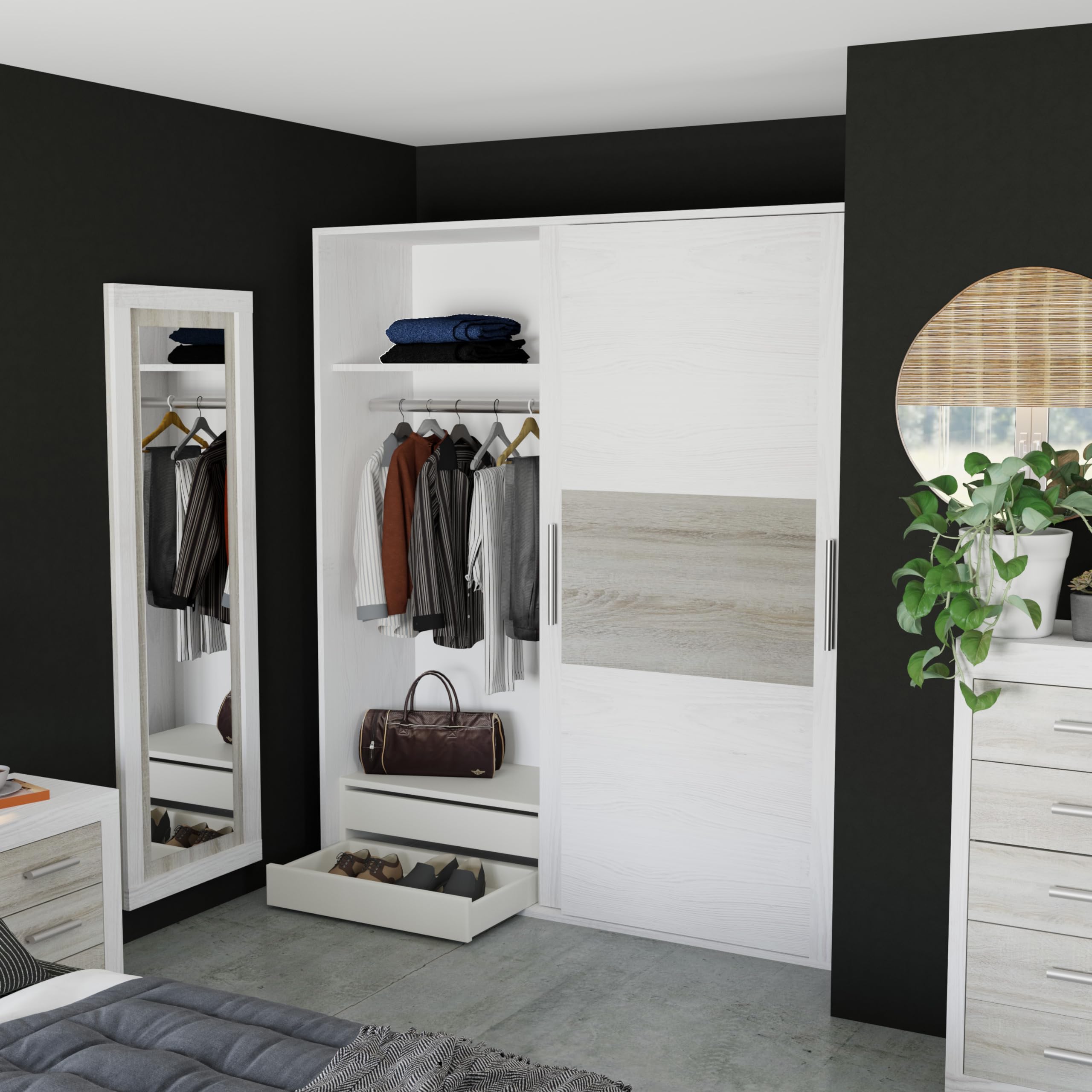 duehome | Espejo Mural Rectangular, Espejo de Pared, Modelo Kira, Acabado en Color Andersen Pino y Gris, Medidas: 60 cm (Ancho) x 180 cm (Alto) x 3,5 cm (Fondo)