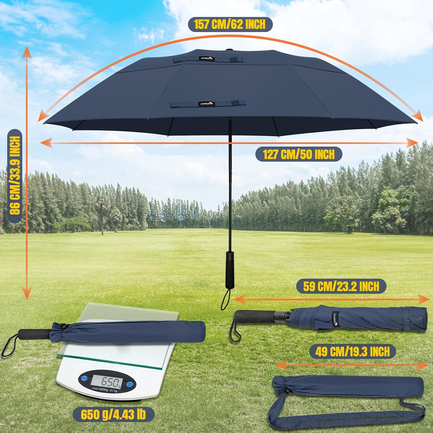 ZOMAKE 62" Large Golf Umbrella UV Protection - Double Canopy Vented Golf Umbrellas Oversize for Rain Windproof Automatic Sun Blocking Umbrella Golf Push Cart Umbrella XXL for Men(Silver Black&Blue)