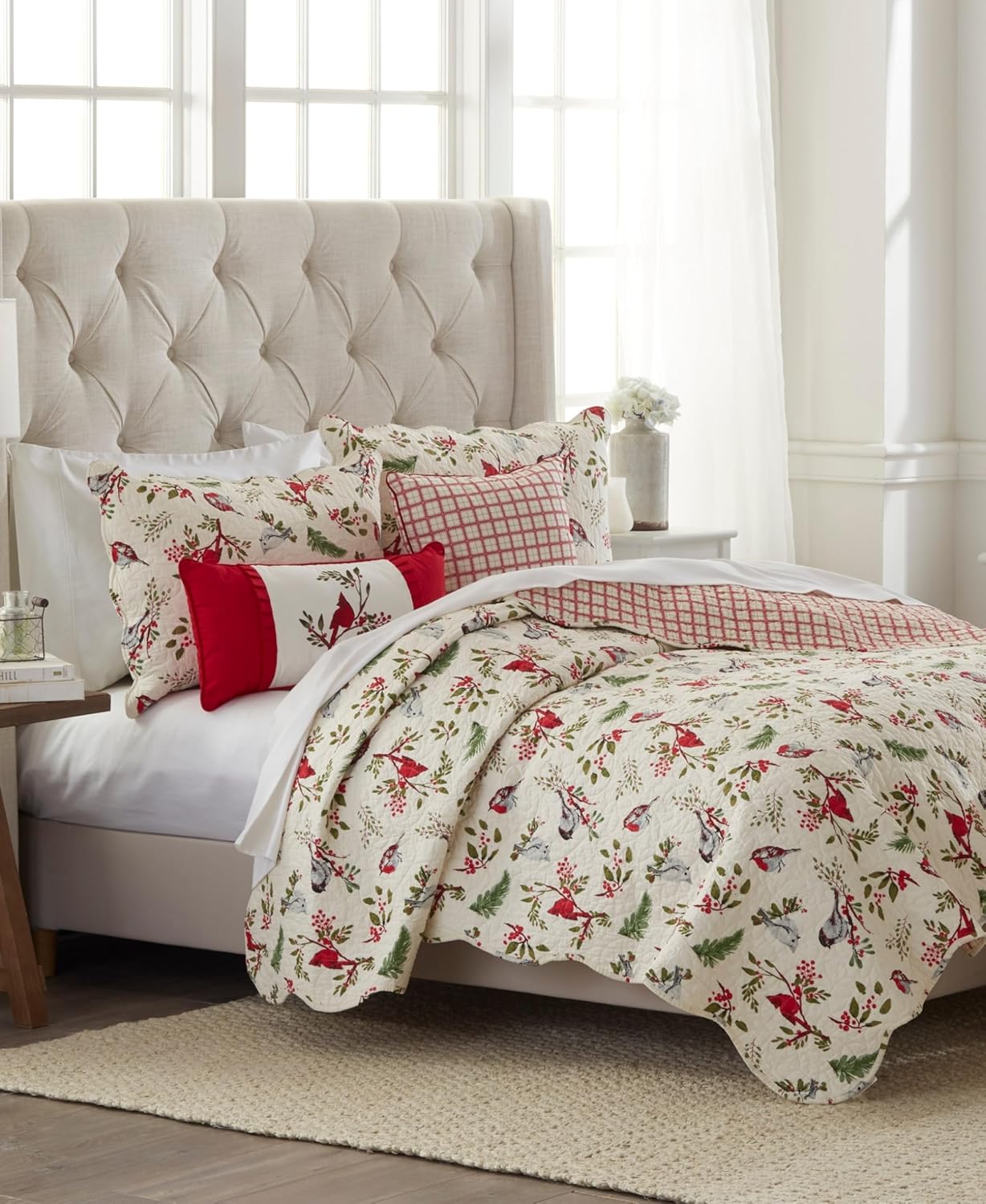 C&F Home Sprig Birds Holiday Christmas Cardinal Chickadee Holly Machine Washable Reversible King Cotton Quilt Set King 3 Piece Set Red