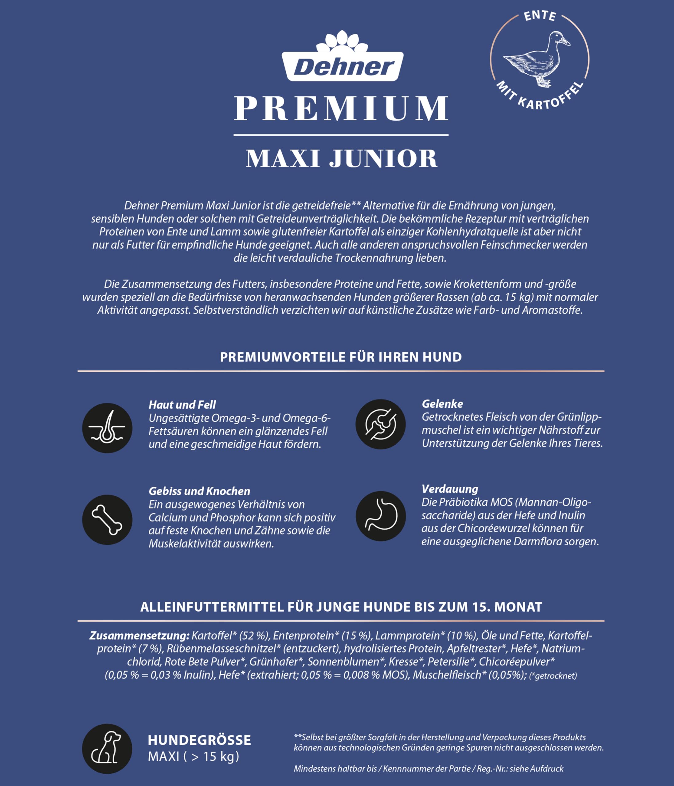 Dehner Premium Perros trockenfutter máxima de Junior | Sin cereales, con patatas, para cachorros y perros jóvenes de razas grandes