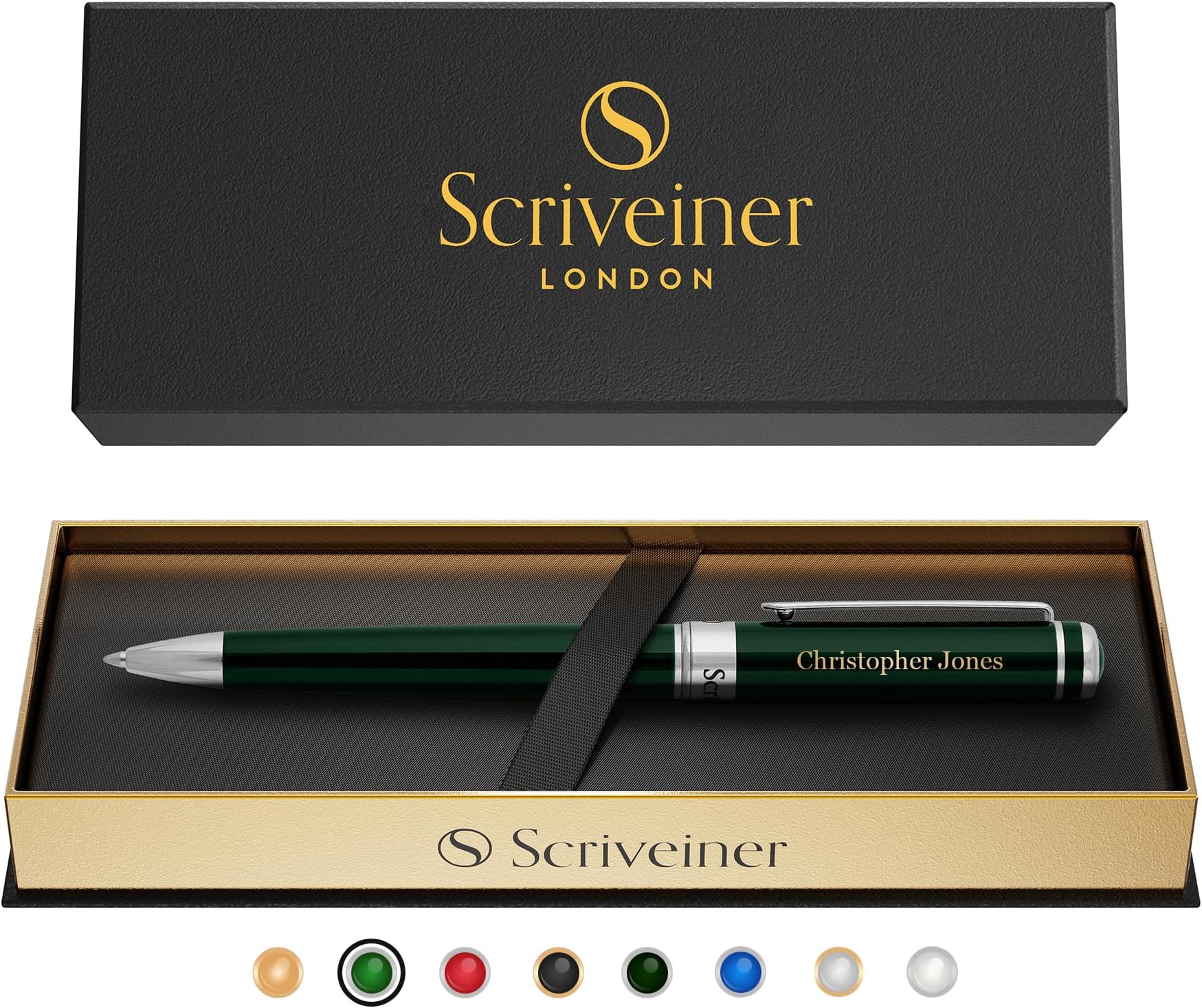 Scriveiner Personalised Pen British Racing Green - Stunning Green Lacquer Luxury Pen with Chrome Finish, Schmidt Ink Refill, Best Engraved Ball Point Gift Set for Men & Women, Custom Name Engraving