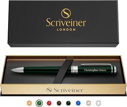 Scriveiner Personalized British Racing Green Ballpoint Pen - Stunning Green Lacquer Luxury Pen with Chrome Finish, Schmidt Ink Refill, Engraved Ball Point Gift Set for Men & Women, Custom Engraving