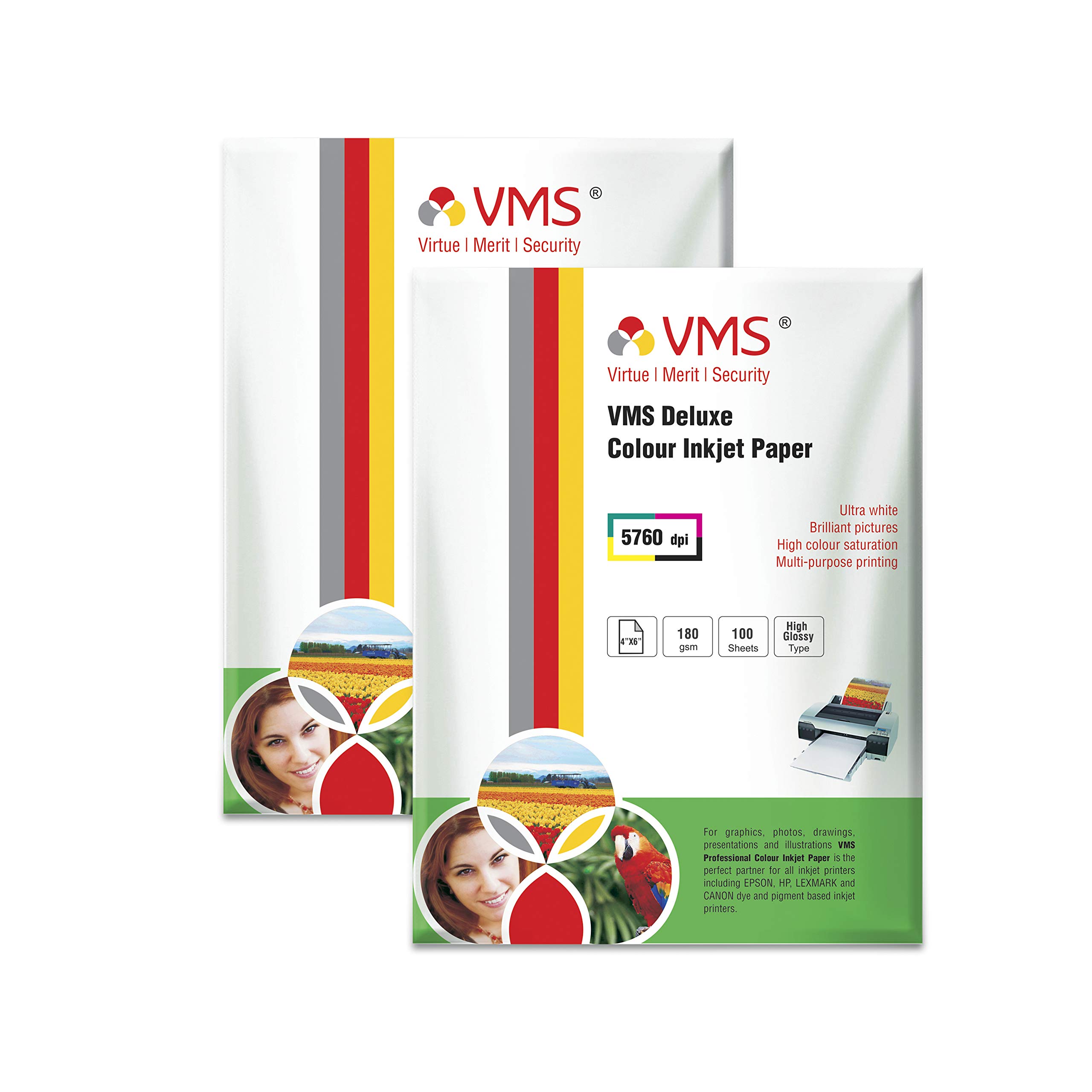 VMSDeluxe Colour Inkjet Paper High Glossy Inkjet Photo Paper 4R(102 x 152mm) 180 GSM Set of 2 (200 Sheets)