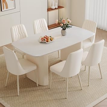 White Dining Table Set for 6, 67 Marble Dining Table Set with 3.5 Thick Cream White Oval Tabletop and Solid Column Base, Modern Kitchen Table Set with 6 Metal Legs Chairs