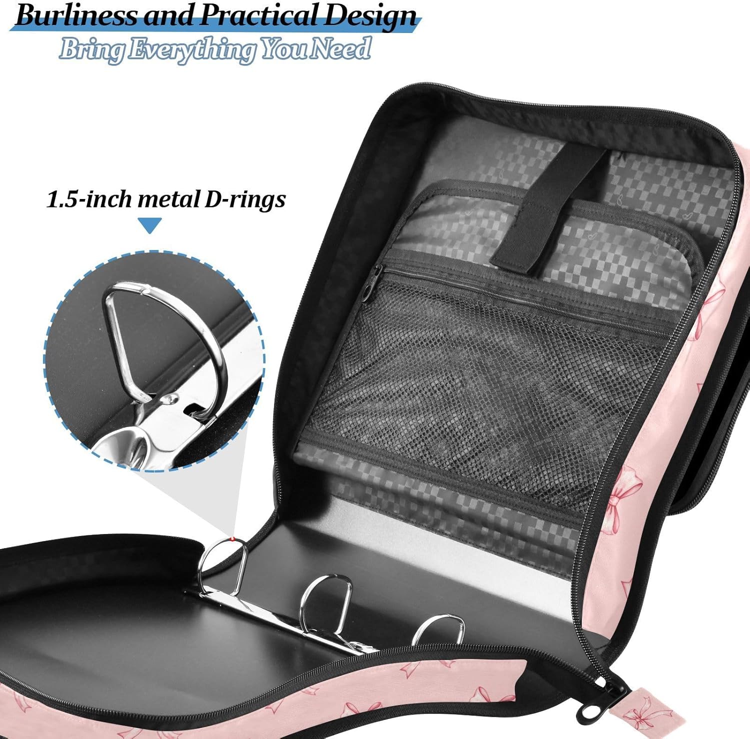 Pink Bow Print Zipper Binder Bag 3 Ring with Shoulder Strap & Handle Multi Pocket Binder Organizer Bag Large Capacity for School Office Supplies