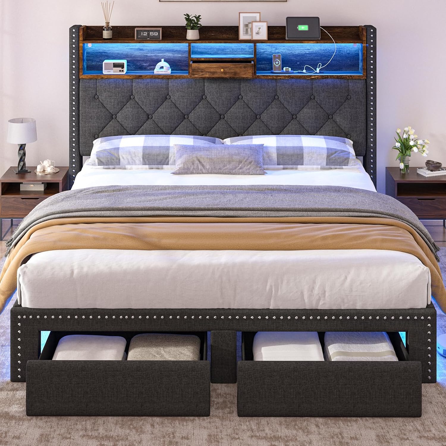 Linen Full Size Bed Frame with 2-Tier Storage Headboard and Charging Station, Upholstered Platform Bed Frames with 2 Storage Drawers, Wooden Slats Support, No Box Spring Needed, Grey