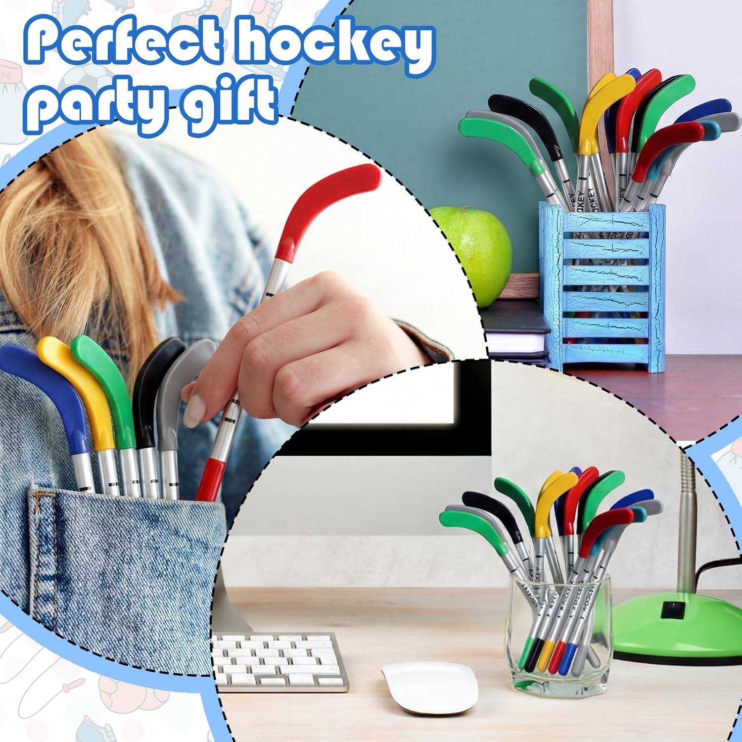 Gilprop 72 Pcs Hockey Stick Theme Pens 7 Inch Hockey Stick Sports Theme Party Favors Bulk Fun Cool Ballpoint Pen Black Ink for Fans Prize Birthday Party Gifts (Classic Color)