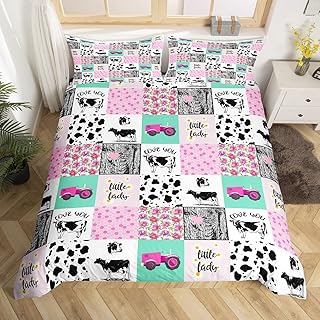 Milk Cow Print Comforter Cover,Pink Farmhouse Tractors Construction Truck Bedding Set Full,Rustic Farm Animal Duvet Cover,Teal Checkered Plaid Grid Patchwork Quilt Cover Beehive Daisy Girls Room Decor
