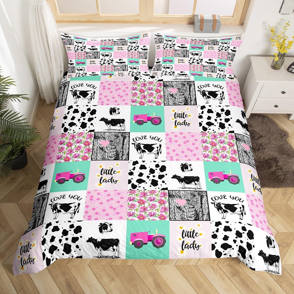 Milk Cow Print Comforter Cover,Pink Farmhouse Tractors Construction Truck Bedding Set Full,Rustic Farm Animal Duvet Cover,Teal Checkered Plaid Grid Patchwork Quilt Cover Beehive Daisy Girls Room Decor