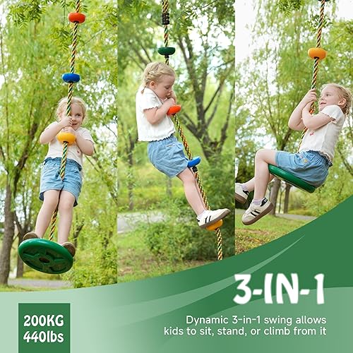 Miniatura 2 de Columpio de árbol para niños, asiento de columpio de disco de cuerda de escalada resistente, divertido y seguro para niños y adultos, ideal para