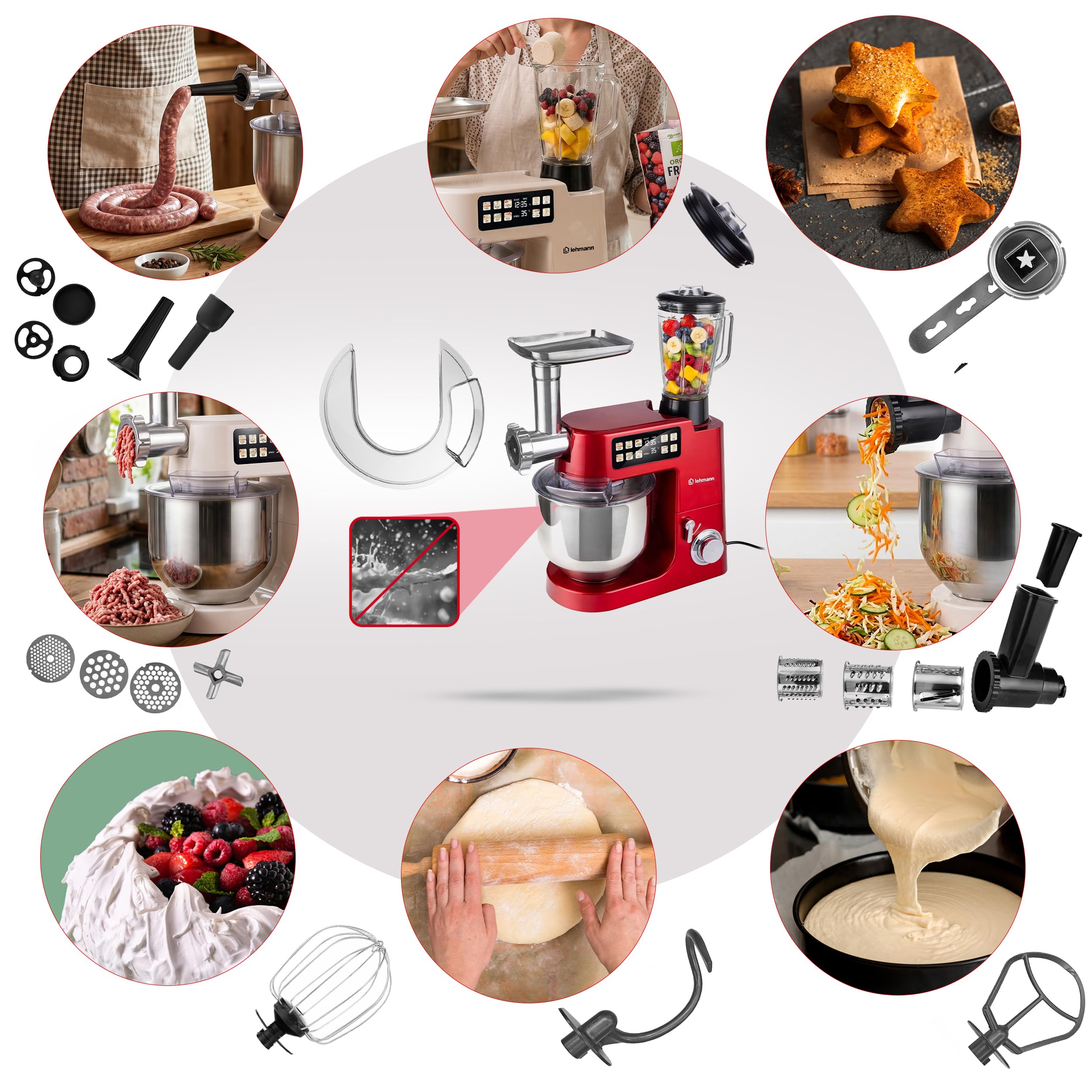 LEHMANN Teyles Impastatrice Planetaria Professionale 2100W 8L con Bilancia Integrata, Touchscreen e Ciotola Riscaldata, Blender 1,5L, Tritacarne, Planetaria per Pane e Pizza, Rosso