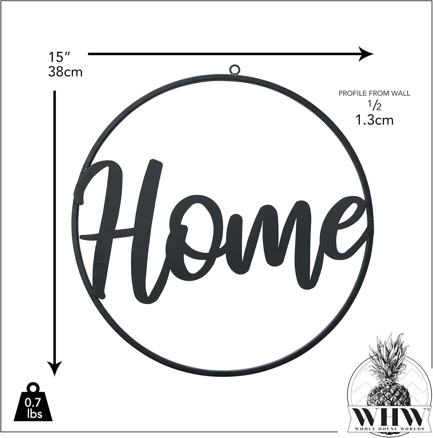 Scripted Home Sign, Word Art, Circular Frame, Matte Black, Iron, 15 Inches in Diameter, Hand Welded Details