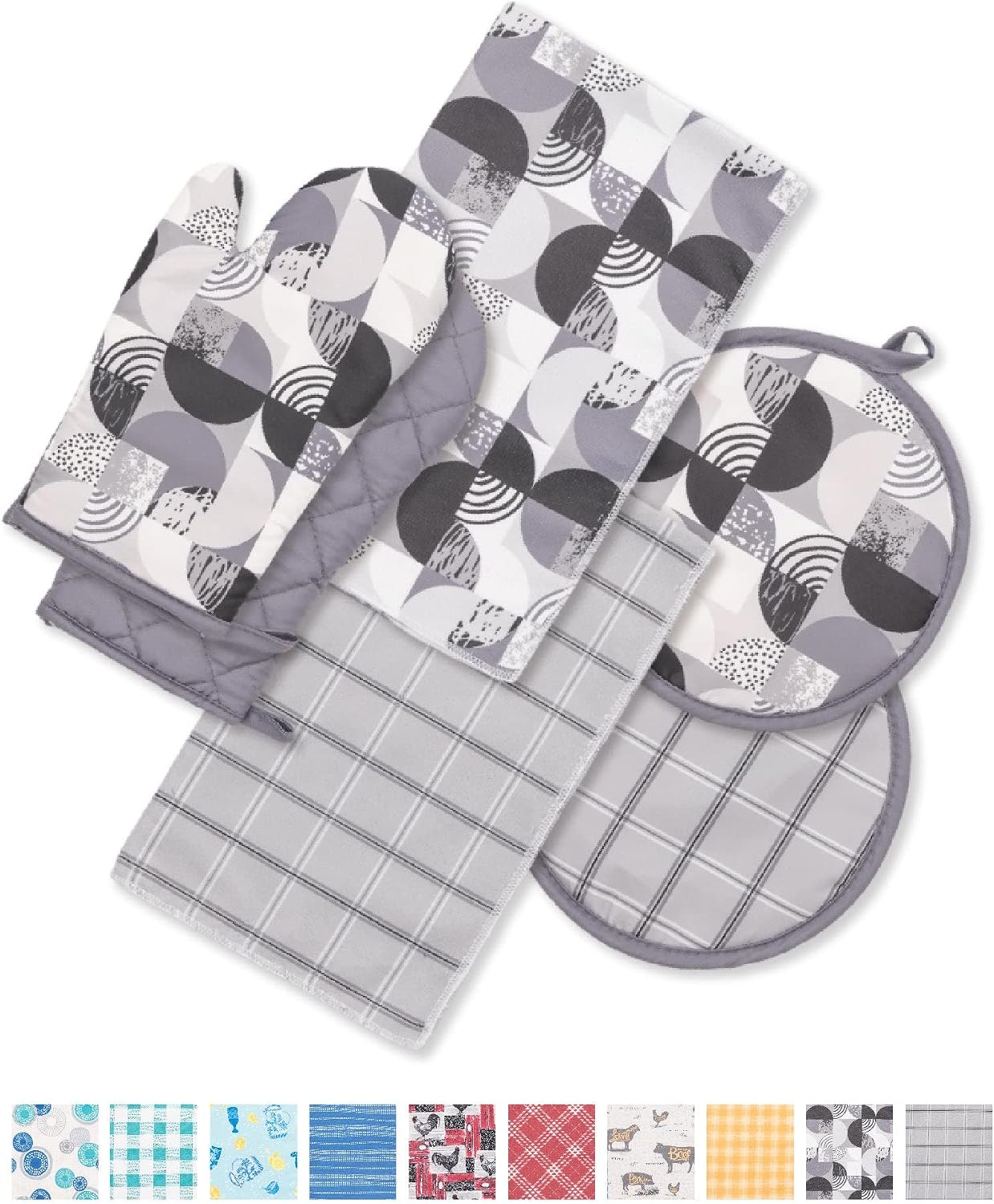 6 Pack Kitchen Set | 2 Oven Mitts and 2 Round Pot Holders of Quilted Lining with Cotton Wadding - 2 Dish Towels for Drying Dishes | Perfect for Gifting, Baking and Everyday Cooking (BA & GC)