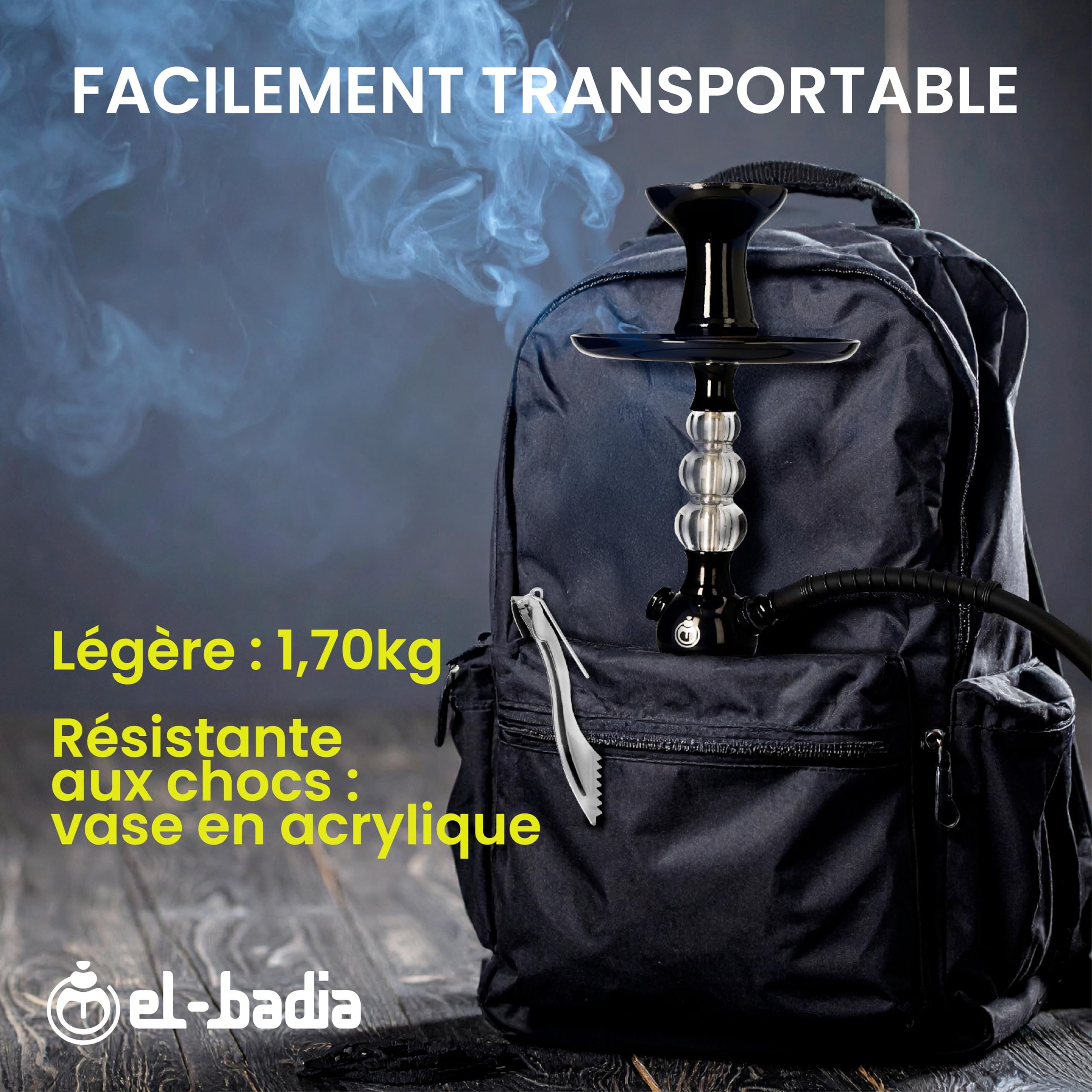 Chicha EL-BADIA® CELESTE – 45 cm – Chicha Légère avec Vase Acrylique, Tuyau Silicone, Manche Métal & Foyer Phunnel – Design Iconique et Couleurs Tendance (Deep Black)