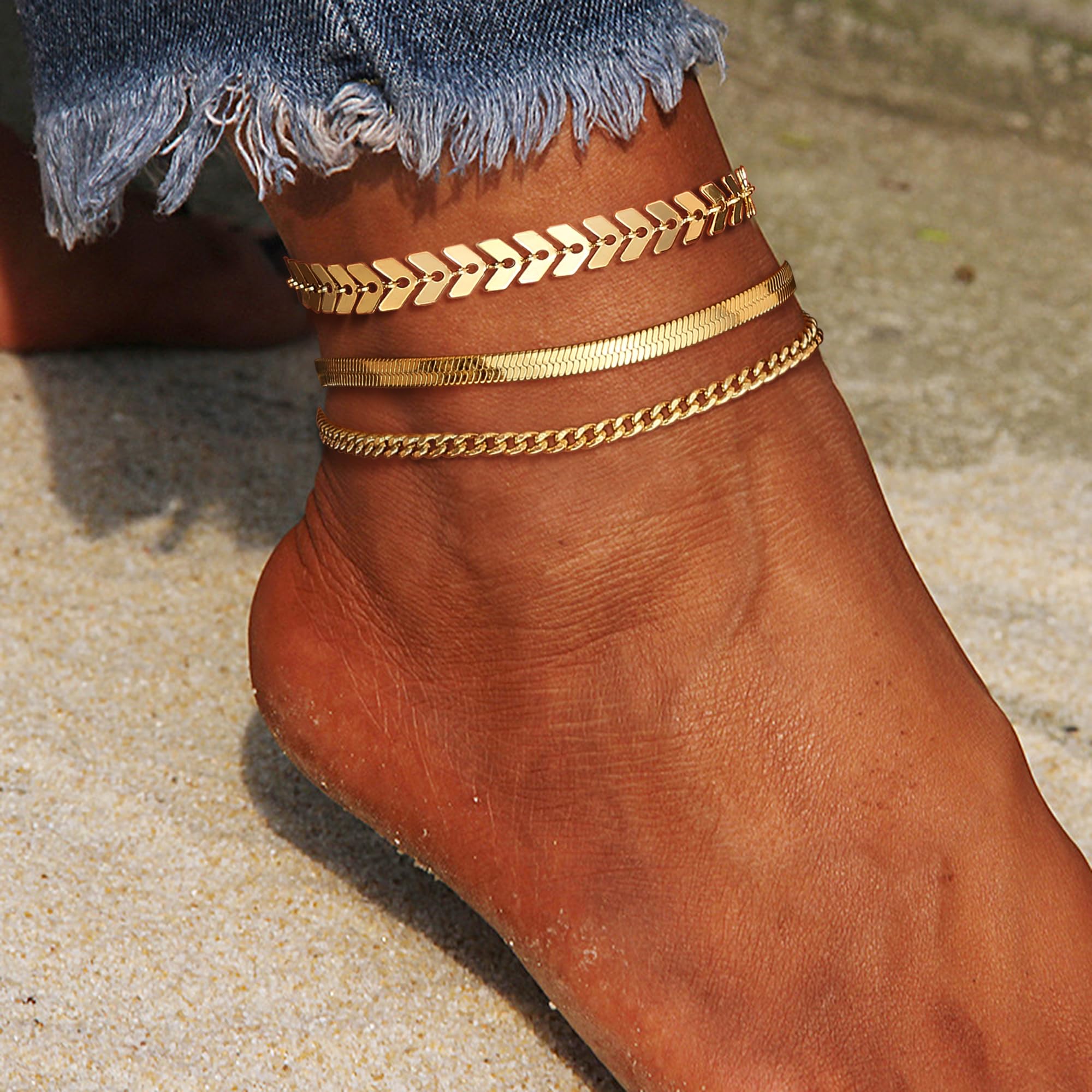 3Pcs Gold Anklets for Women, 14K Gold Ankle Bracelets Waterproof Women's Anklet Set Layered Ankle Bracelet Anklets Jewelry Gift