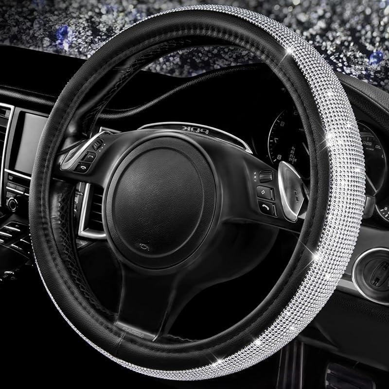 Capa para Volante CAR PASS com Strass Prateado em Couro PU para Volantes de 34,3 a 35,6 cm