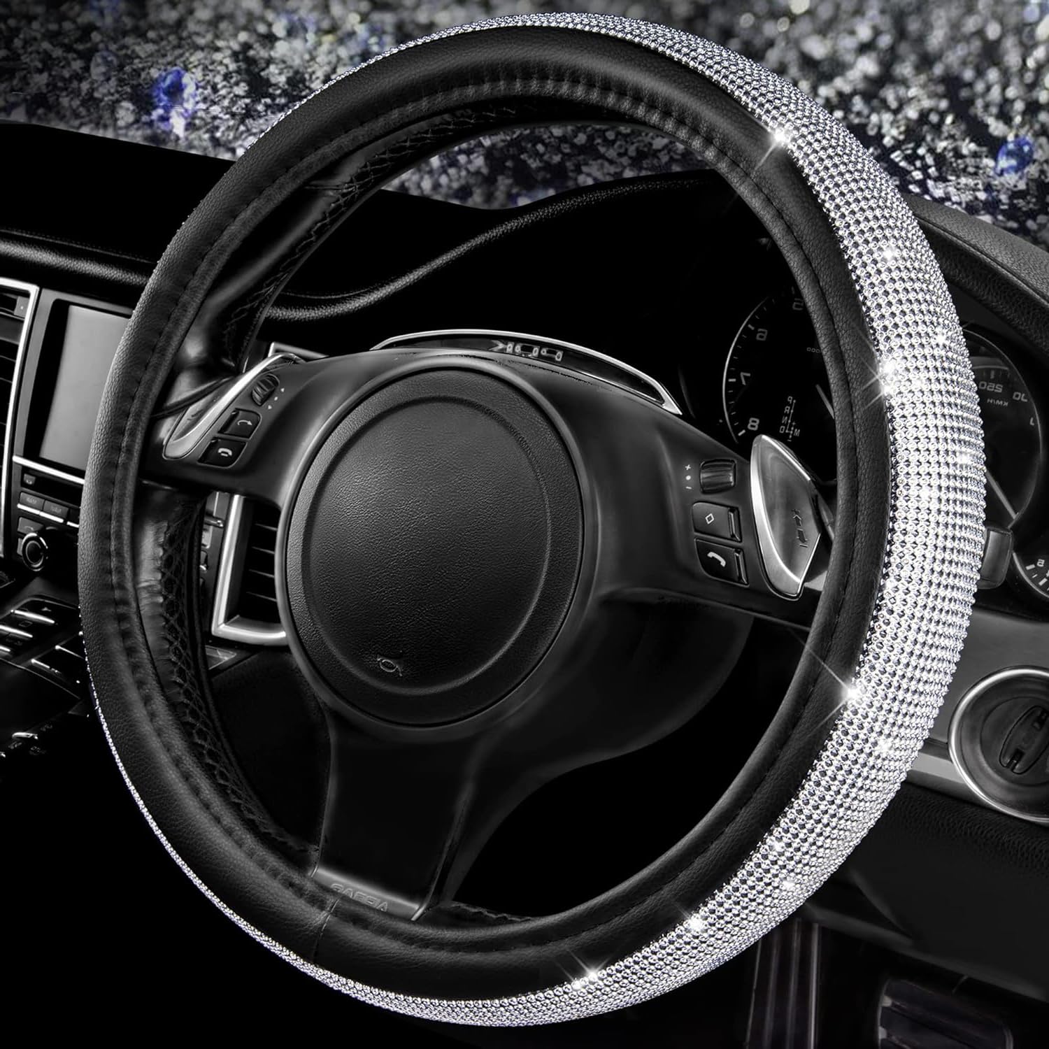 CAR PASS Bling Silver Diamond Leather Steering Wheel Cover, with Sparkly Crystal Glitter Rhinestone Universal Fit 13" 1/2-14" Small Car Wheel Protector for Women Girl Fit Car,SUV,Van,Sedan, Silver