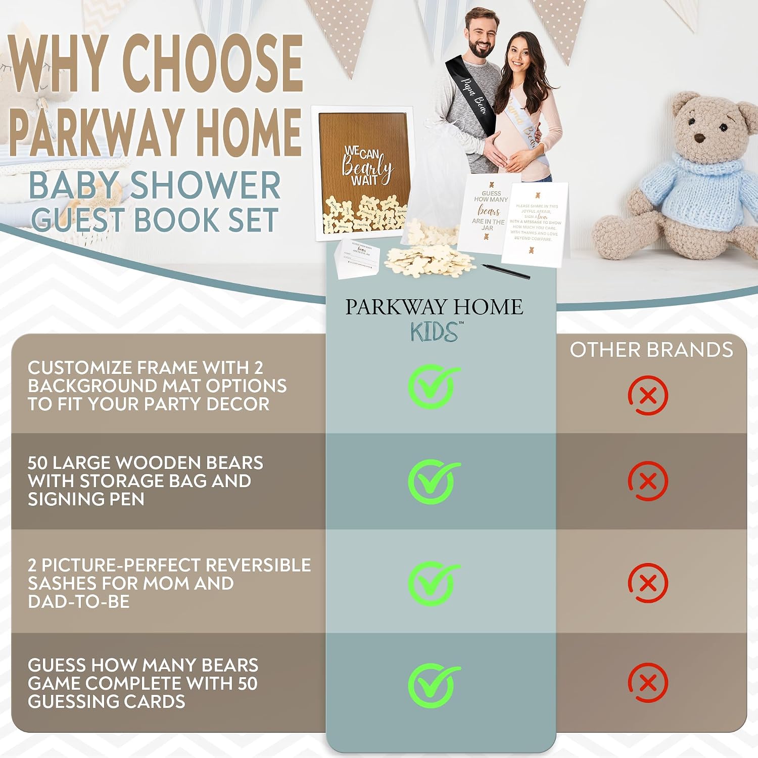 Baby Shower Guest Book Alternatives 109 Piece Set with Wooden Bears Mom Dad to Be Sashes Guessing Game - Unisex Gender Reveal and Pregnancy Announcement Decor - We Can Bearly Wait Decorations Keepsake