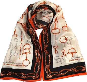 Long Charmeuse Silk Scarf Floral and Graphic Print