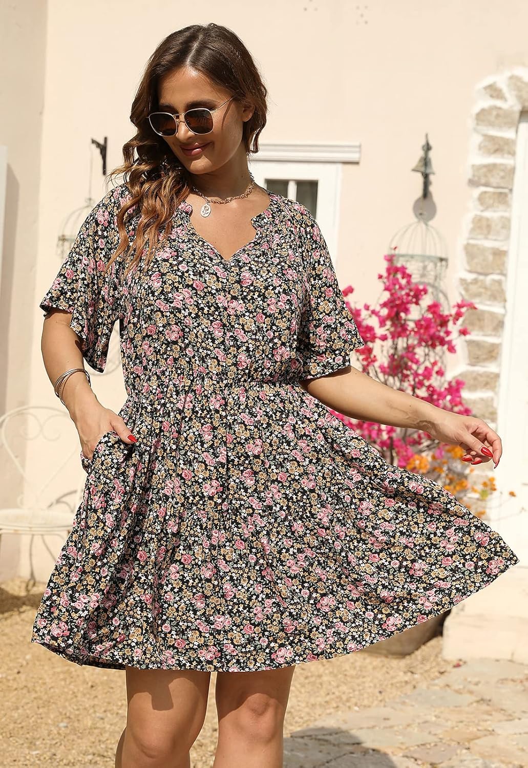 Nemidor Womens Plus Size Summer Dress Floral Print Boho Swing Short Sleeve V Neck Casual Mini Dresses with Pocket
