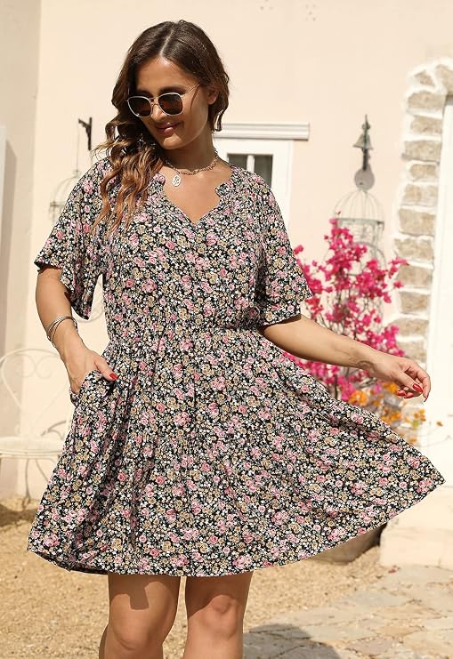 Nemidor Women Plus Size Summer Dress Casual Boho Mini Pocket
