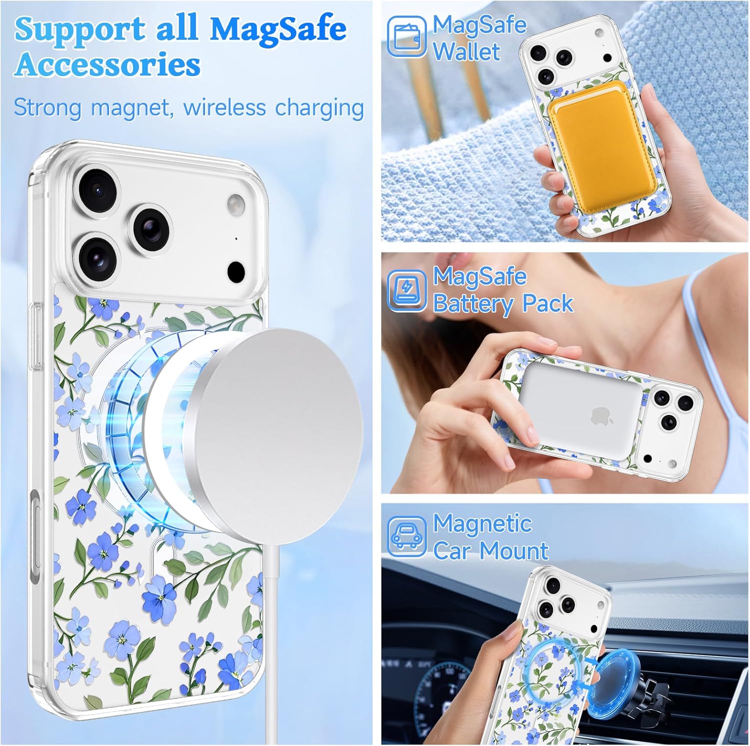 EYZUTAK Magnetic for iPhone 17 Pro Max Case Flower Case Compatible with MagSafe, Pretty Floral Stylish Aesthetic Phone Cover Slim Clear Anti-Yellowing Protective Cover for Girls Women - Blue - Image 2