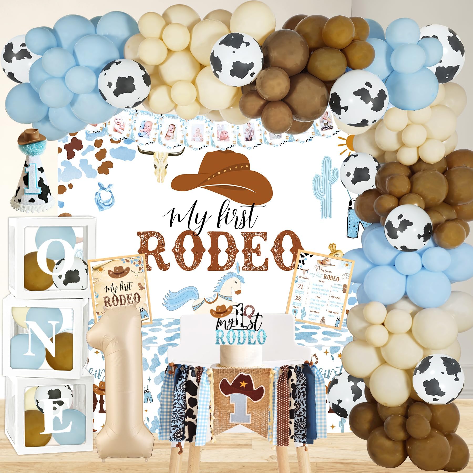 YJDFWAUT Cowboy 1st Birthday Party Decorations, My First Rodeo Party Supplies, Cowboy 1st Bday Balloon Arch Balloon Box Photo Banner Highchair Banner Crown