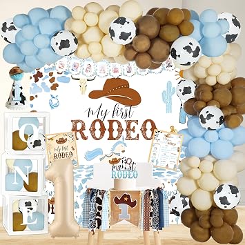 YJDFWAUT Cowboy 1st Birthday Party Decorations, My First Rodeo Party Supplies, Cowboy 1st Bday Balloon Arch Balloon Box Photo Banner Highchair Banner Crown