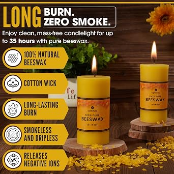 Beeswax Pillar Candles Set of 4, 2x4 Inch, 100% Beeswax Candle with Cotton Wick, Long Burning, Dripless Candle Bees Wax for Home, Decor, Prayer, Emergency