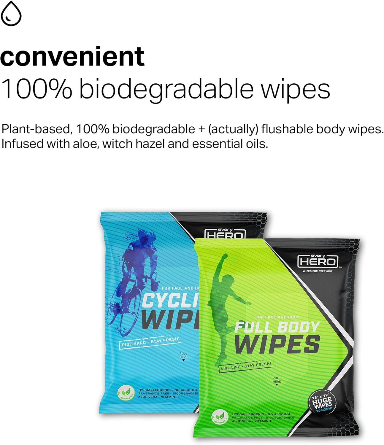 everyHERO Cycling Body Wipes 20 Count - Biodegradable No Shower Wipes, Extra Large for Mountain Biking, Road, Trail - Unscented - All Natural : Health & Household