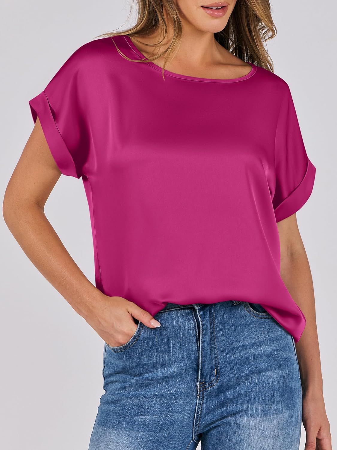 ANRABESS Women's Summer Dressy Casual Short Sleeve Shirts Crewneck Satin 2026 Business Office Work Blouse Tops - Image 6