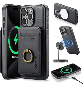 2 in 1 Detachable Magnetic Phone Cases Compatible with iPhone 16 Pro Max Case with Card Holder Ring, Compatible with Magsafe Wallet, Leather 6.7 RFID Blocking Black, iPhone 15 Pro Max