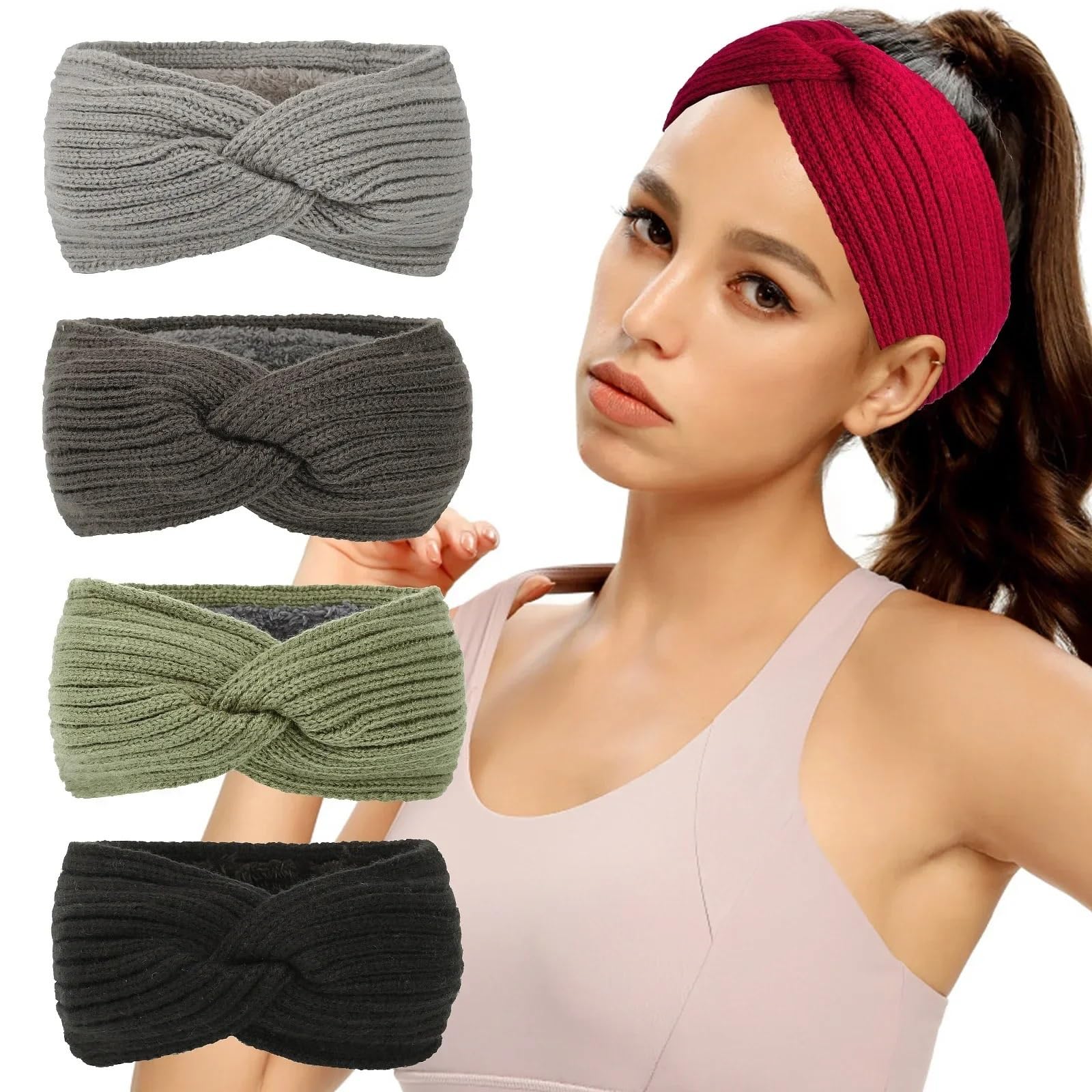 Diadema cruzada tejida ancha de invierno for mujer, turbante elástico for Yoga, gorros cálidos felpa, accesorios for el cabello, 2 uds Para Mujer(Light gray)