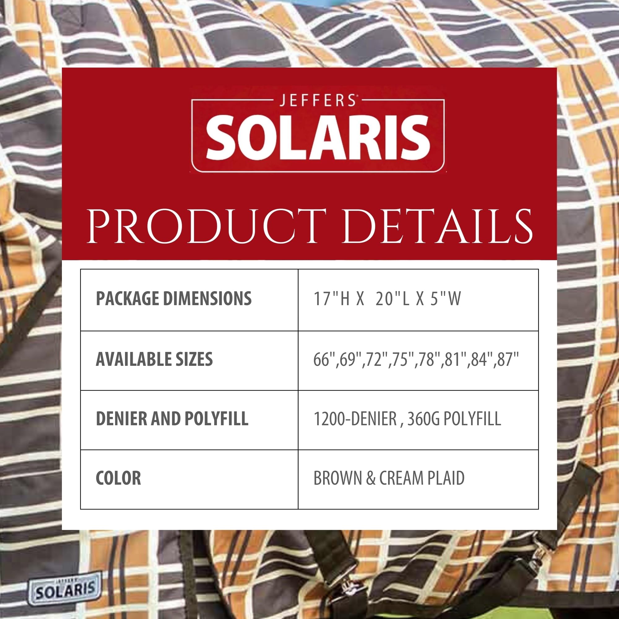 Jeffers Solaris - Coperta per cavallo, 1200 denari, con collo allungato, motivo scozzese marrone e crema, 167,6 cm, impermeabile, traspirante, con Polyfill da 360 g, protezione ideale per l'inverno