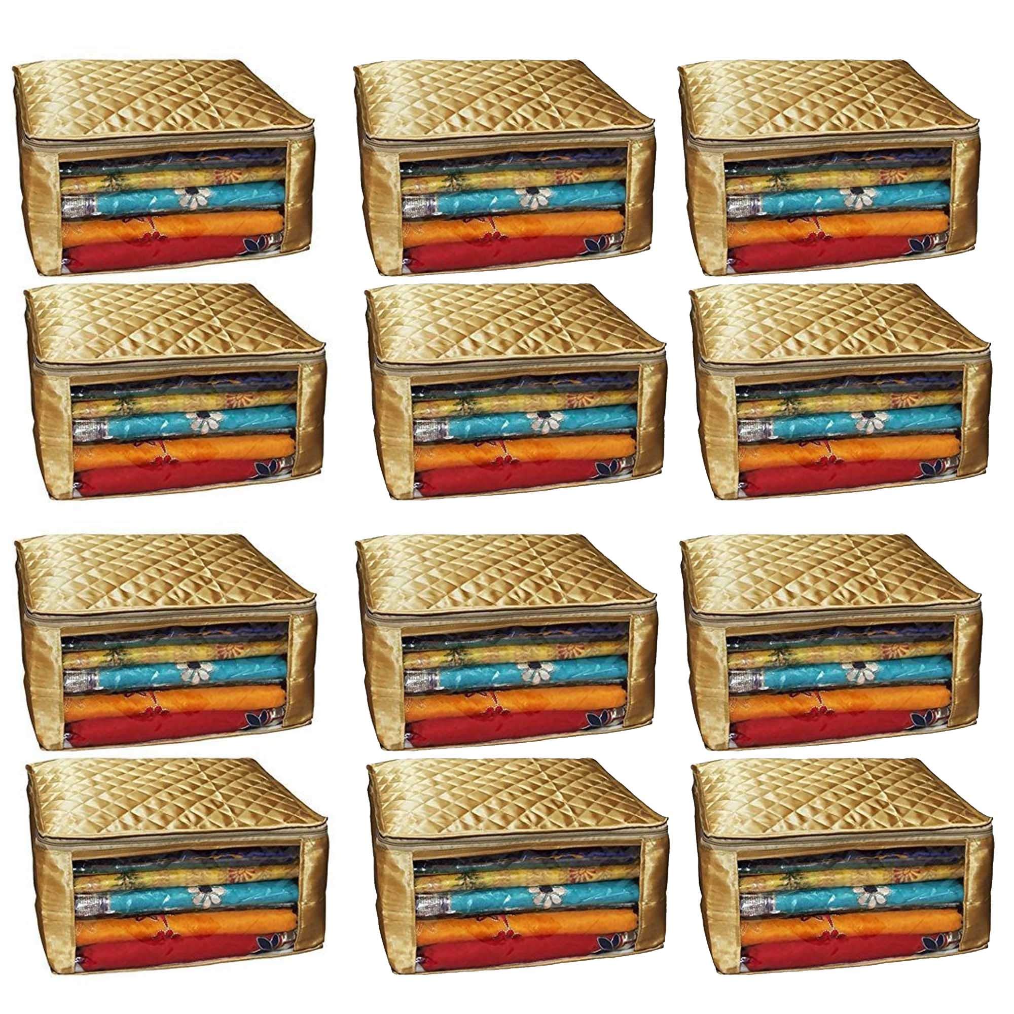 Ababil Industries Satin Quilted 10" Height Saree Cover Bag/Storage Bag/Wardrobe Organiser with Transparent Window Combo Pack of 12 Gold