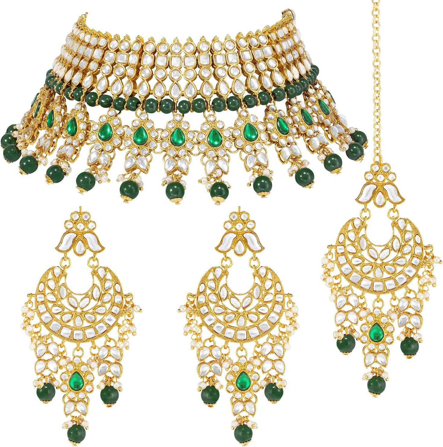 Aheli Gold Plated Kundan Choker Necklace Earrings Maang Tikka Jewellery Set Gift for Women