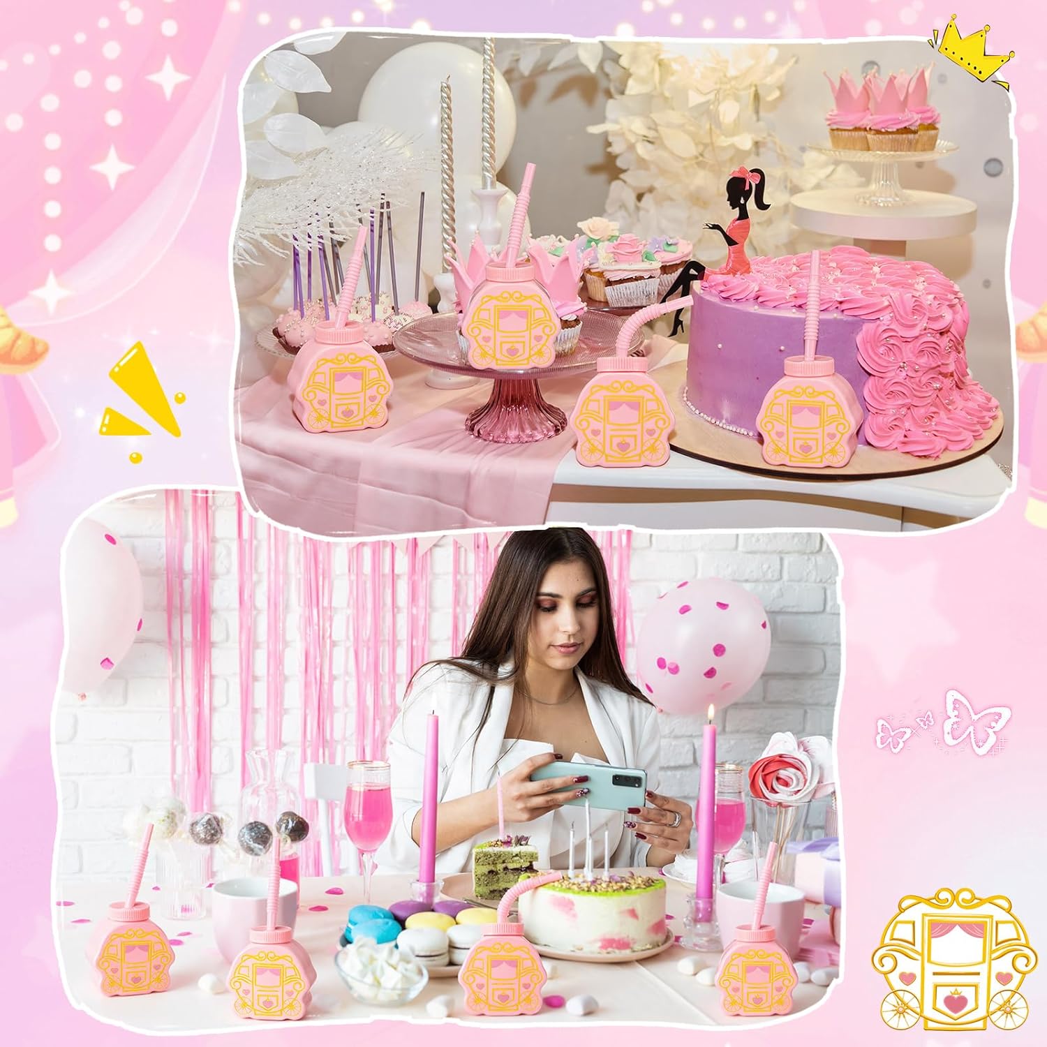 12 Set Princess Carriage Cups with Straws and Lids, Pink Princess Birthday Party Supplies 10 oz Plastic Reusable Carriage Cups for Girl Themed Birthday Party Favor