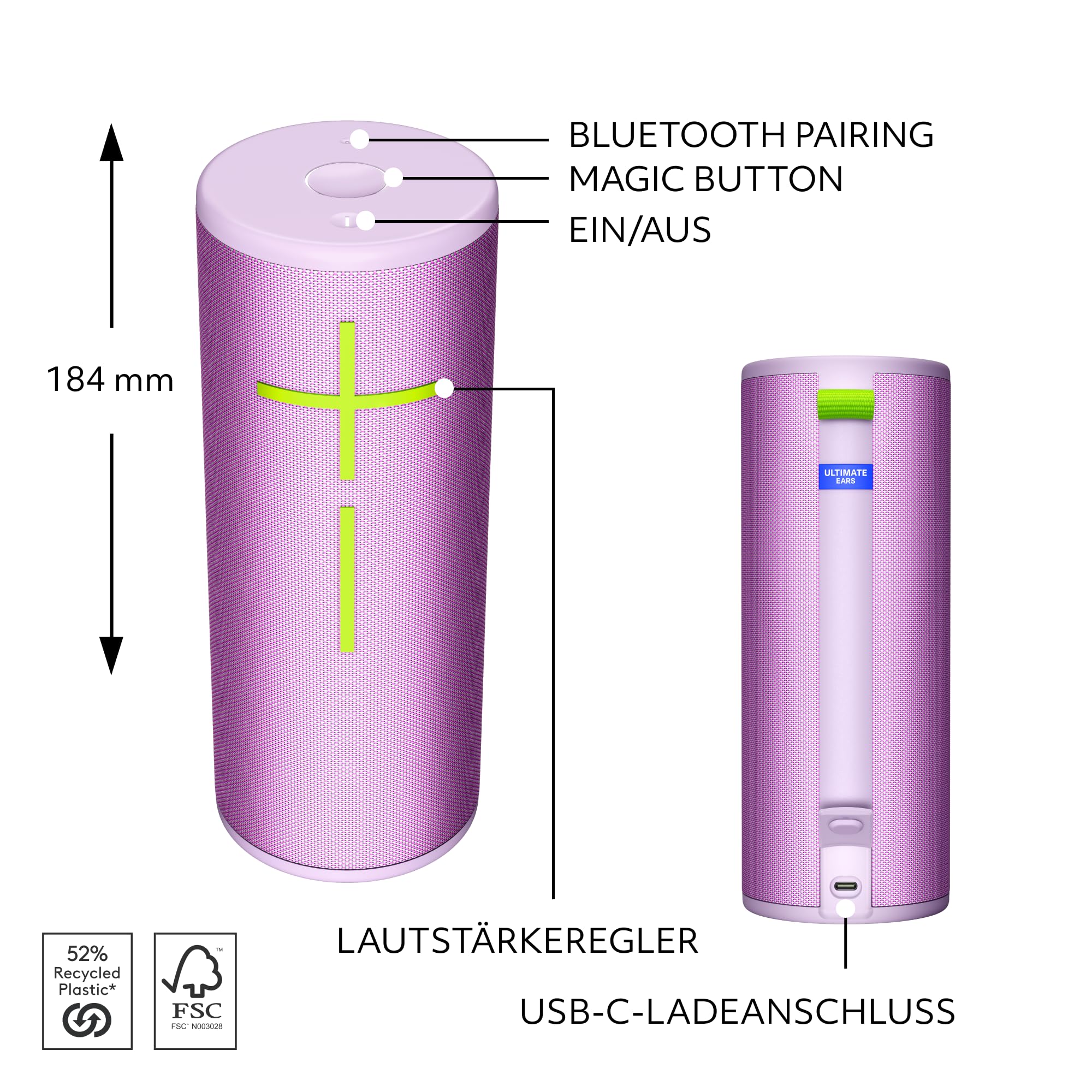 Ultimate Ears Boom 4 – mobiler, wasserdichter, schwimmfähiger Bluetooth-Lautsprecher mit kräftigem, intensivem, kristallklarem 360-Grad-Sound, 15-Stunden-Akku und 45m Reichweite - Lila