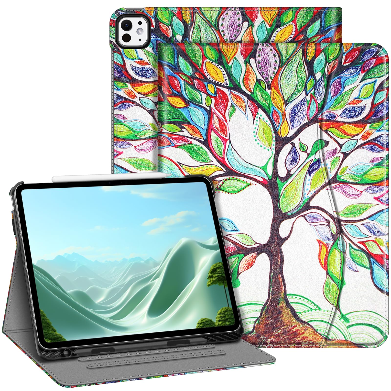 Fintie Folio Case for iPad Pro 13-inch (M4) 2024, Multi-Angle Viewing Protective Stand Cover with Pencil Holder & Pocket, Auto Sleep/Wake, Love Tree