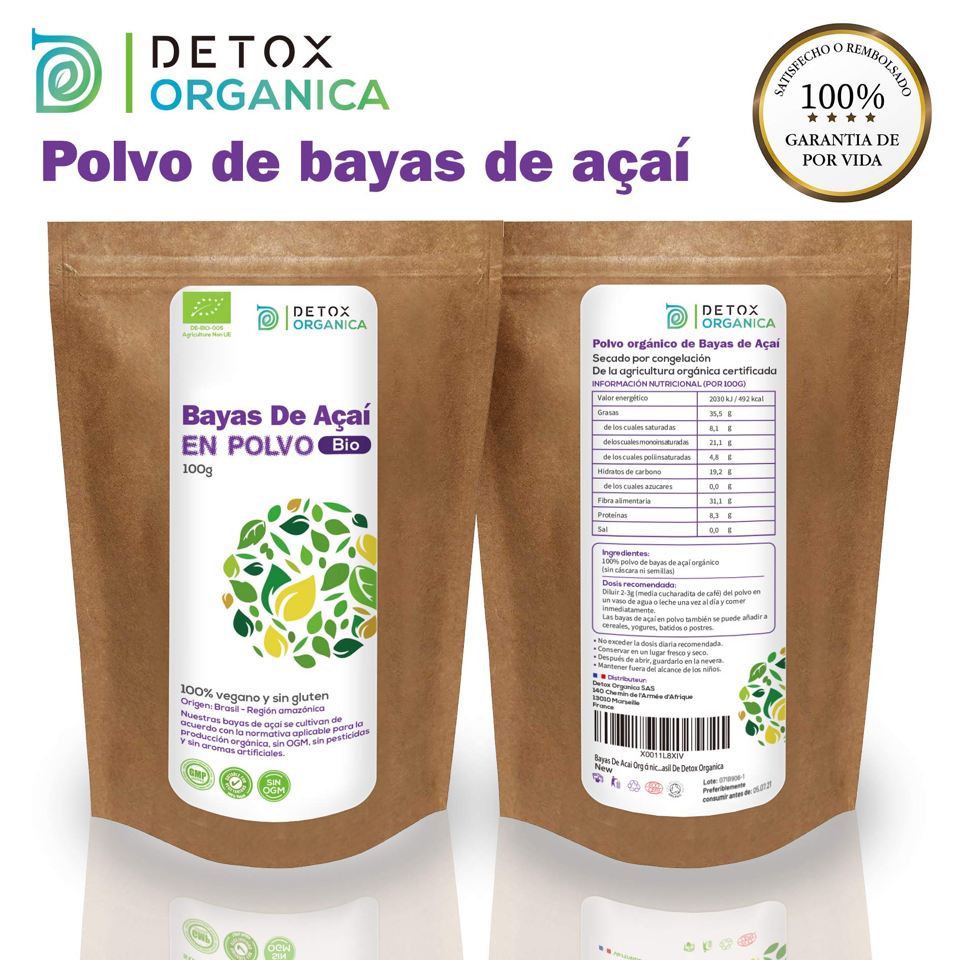 Detox Organica Bayas De Acai Polvo Orgánico - 100g Açaí en Polvo BIO -Bayas De Acai Organico Freeze-Dried – Extracto Crudo de la Pulpa – Cultivado en Brasil, Liofilizado