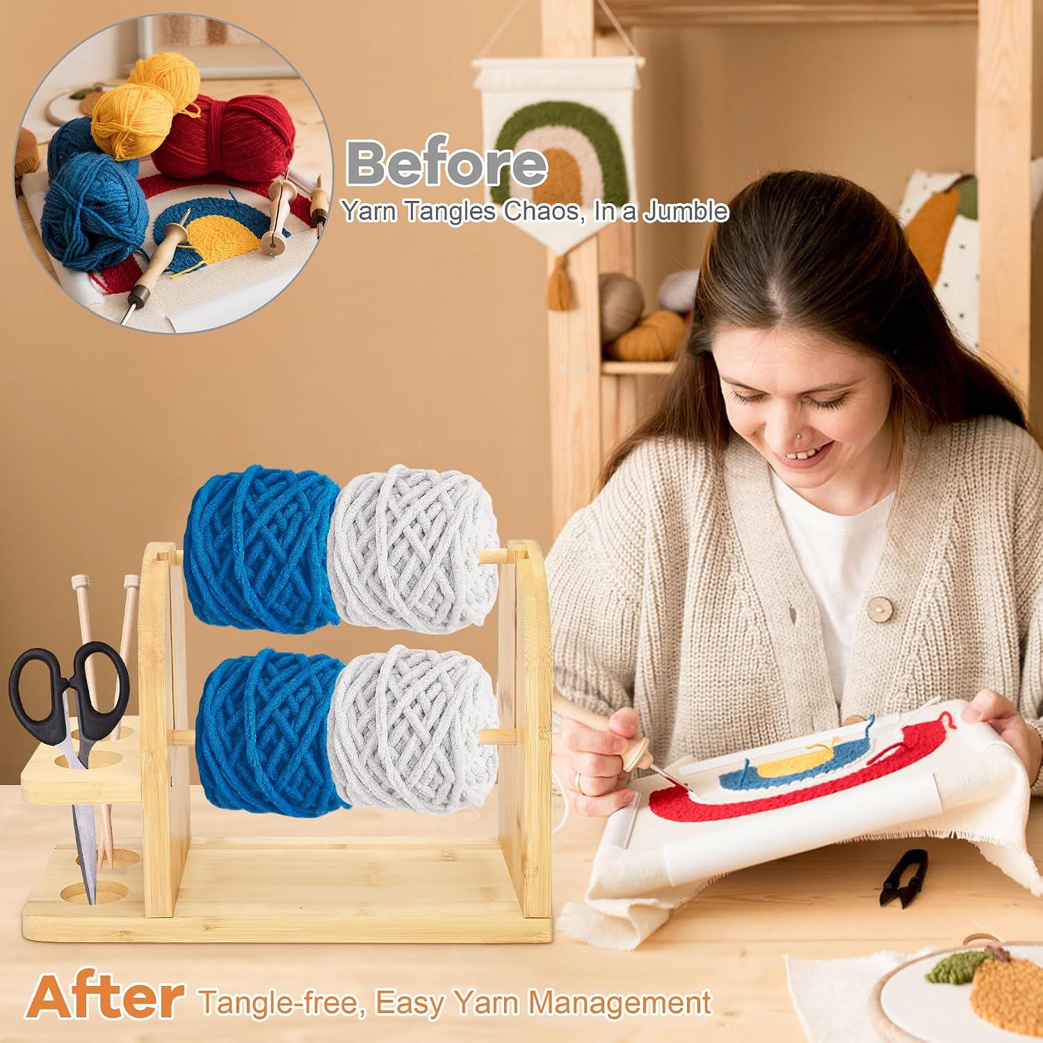 Wooden Yarn Holder for Knitting Crochet Yarn Rack Stand with Slots Yarn Storage Organizer Double Rotating Yarn Ball Holders with Anti-slip Mat, for Knitting Lovers Beginners