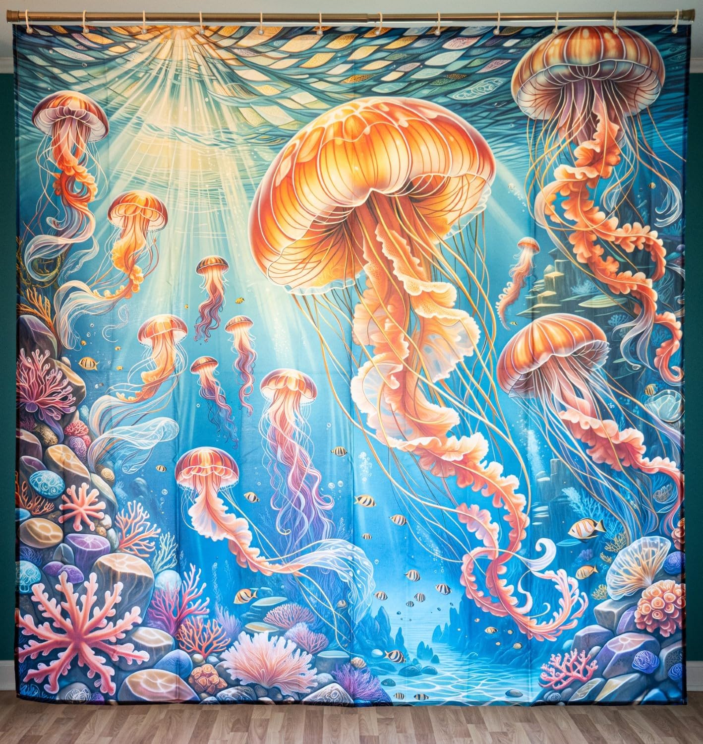 Beautiful Jellyfish Coral Reef Shower Curtain, Gorgeous Underwater Ocean Nautical Theme, Colorful Tropical Orange Sea Life, 72x72 inches, 120 GSM Waterproof Polyester, (72" x 72")